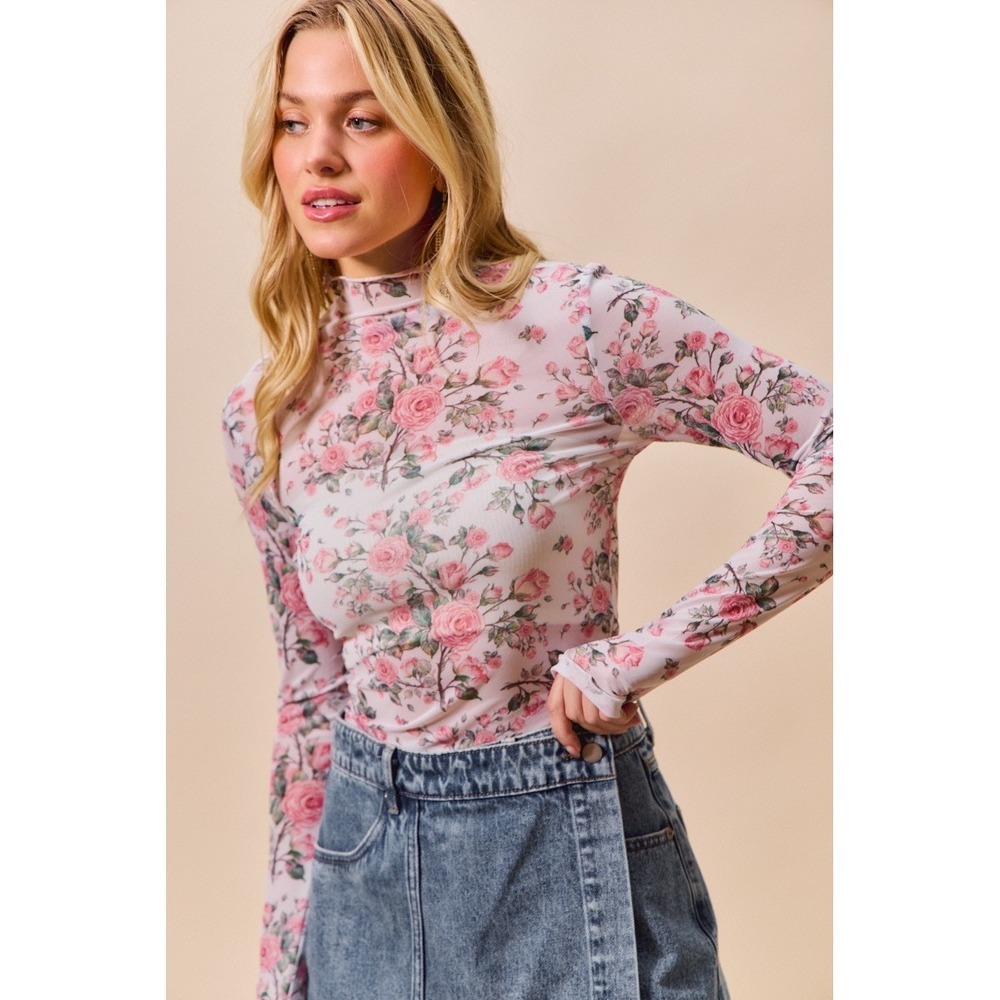 SO ME Floral Rose Print Mesh Sheer Layering Top - Large